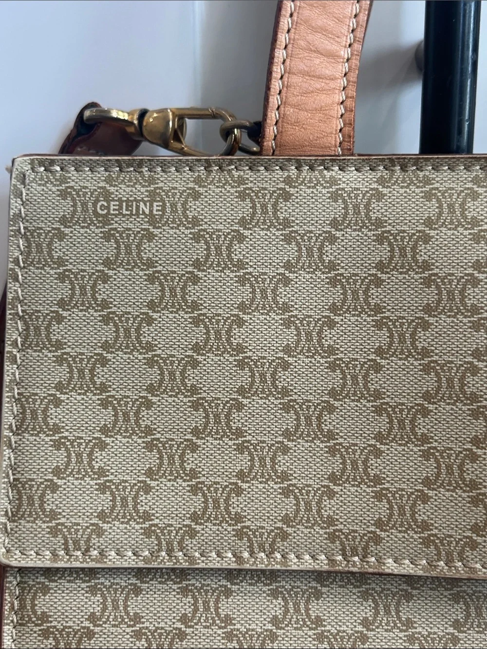 CELINE Beige Triomphe Canvas Satchel with Tan Leather Trim 10”X9”X4,5